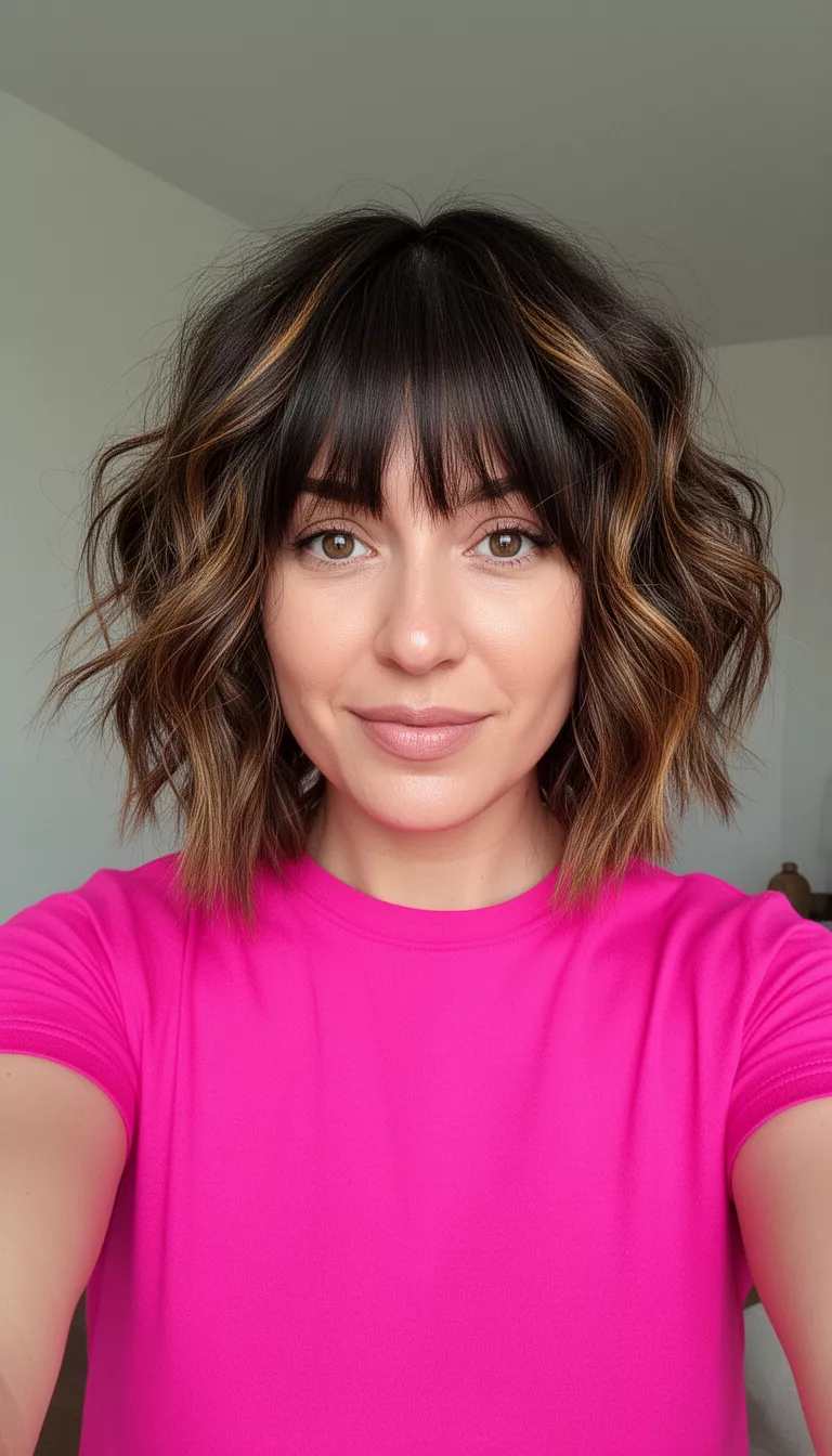 selfie of a 32-year-old woman wearing a bright pink top with a choppy, wavy, dark brown bob featuring caramel highlights, front view, minimal background