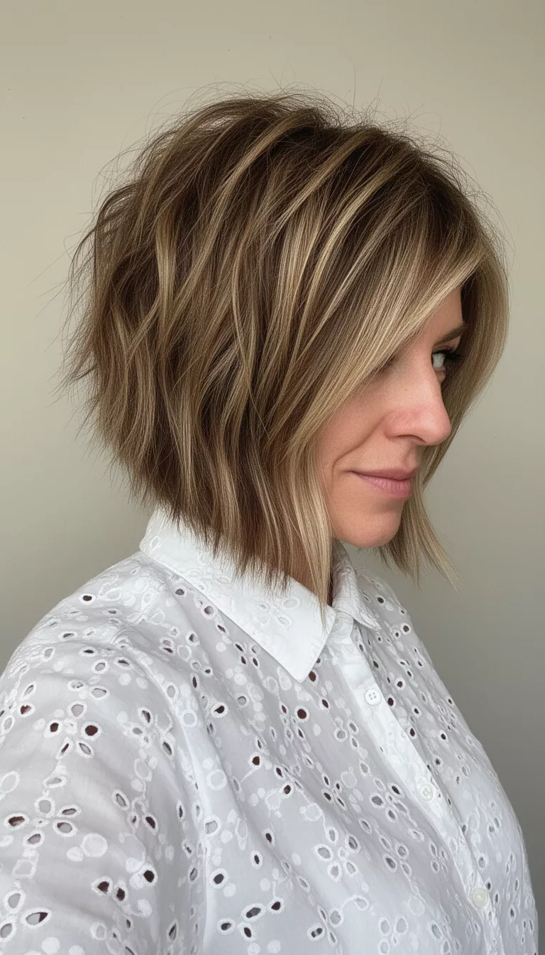 selfie of a 38-year-old woman wearing a white eyelet shirt with a brownish-blonde shaggy lob haircut featuring chunky blonde highlights, side view, minimal background