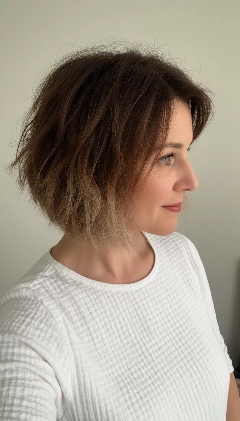 selfie of a 42-year-old woman wearing a white textured top with a short, messy, slightly layered brown bob with subtle lighter ends, side view, minimal background