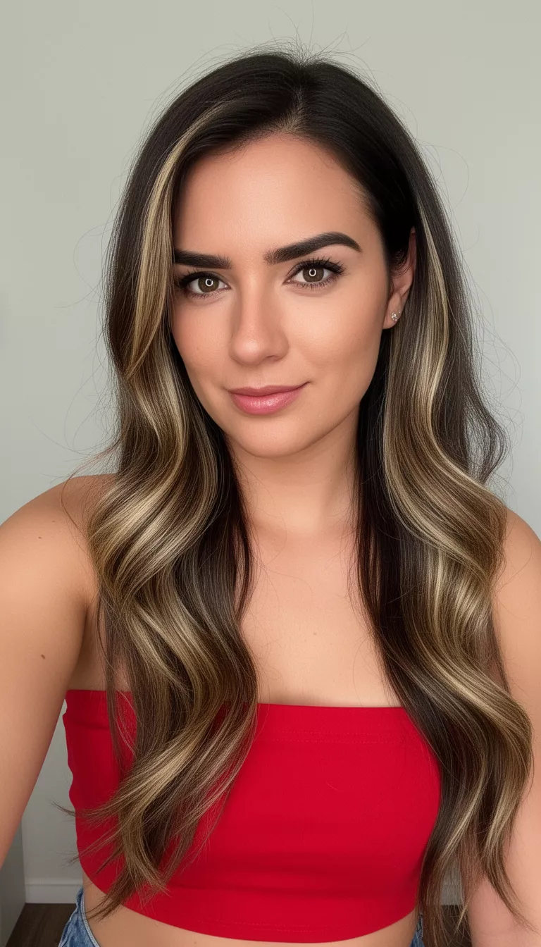 selfie of a 32-year-old woman wearing a red tube top with long, dark brown hair featuring blonde highlights, styled in loose waves, front-side view, minimal background