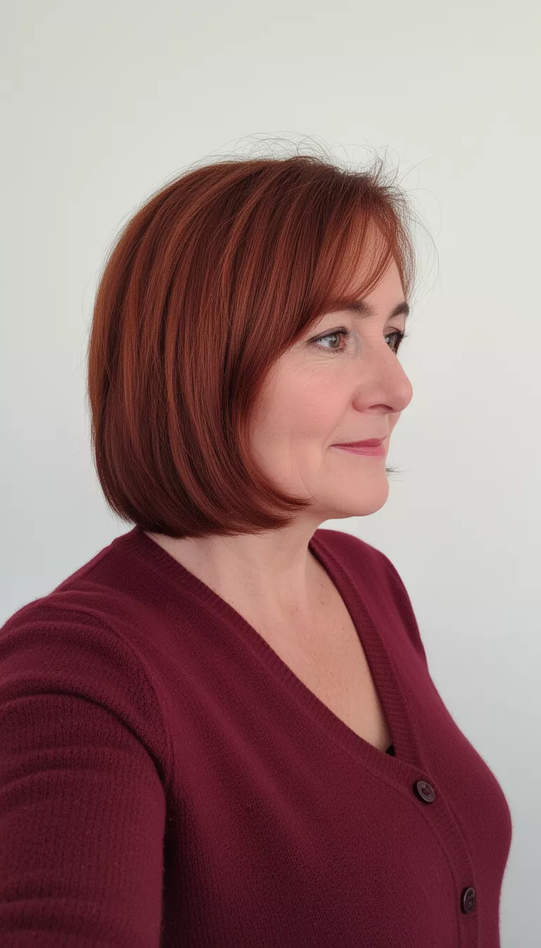 selfie of a 48-year-old woman wearing a maroon cardigan with medium-length, layered reddish-brown bob cut, side view, minimal background