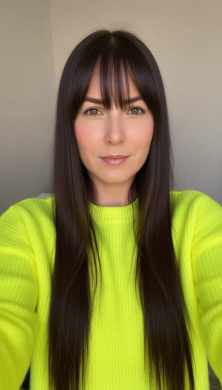 selfie of a 34-year-old woman wearing a neon yellow sweater with very long, straight, dark brown hair featuring wispy curtain bangs, front view, minimal background