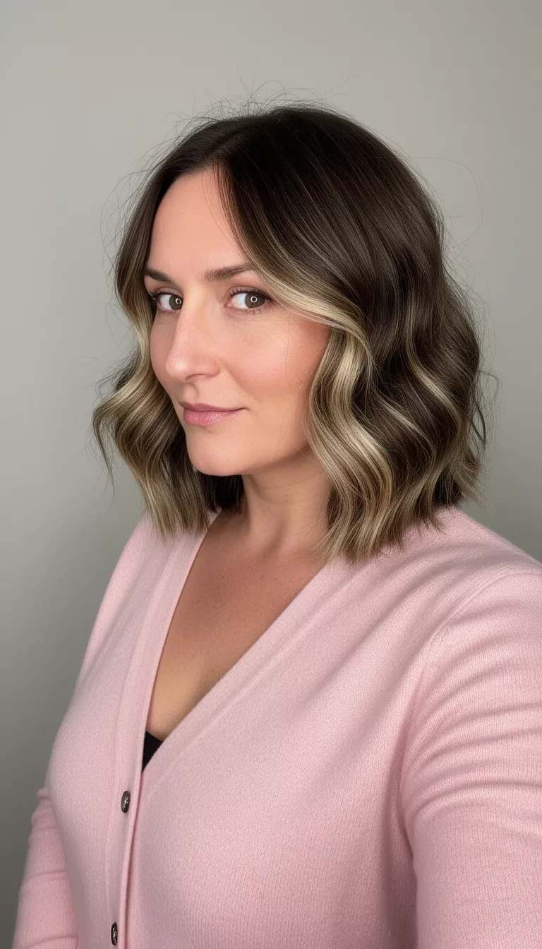 selfie of a 35-year-old woman wearing a light pink cardigan with a dark brown, layered, wavy lob featuring blonde highlights, side view, minimal background