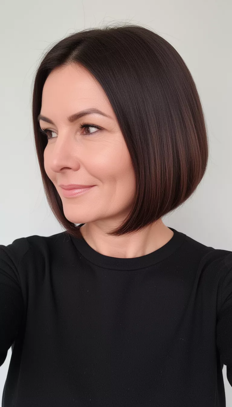 selfie of a 43-year-old woman wearing a black top with a sleek, dark brown, graduated bob hairstyle, side view, minimal background