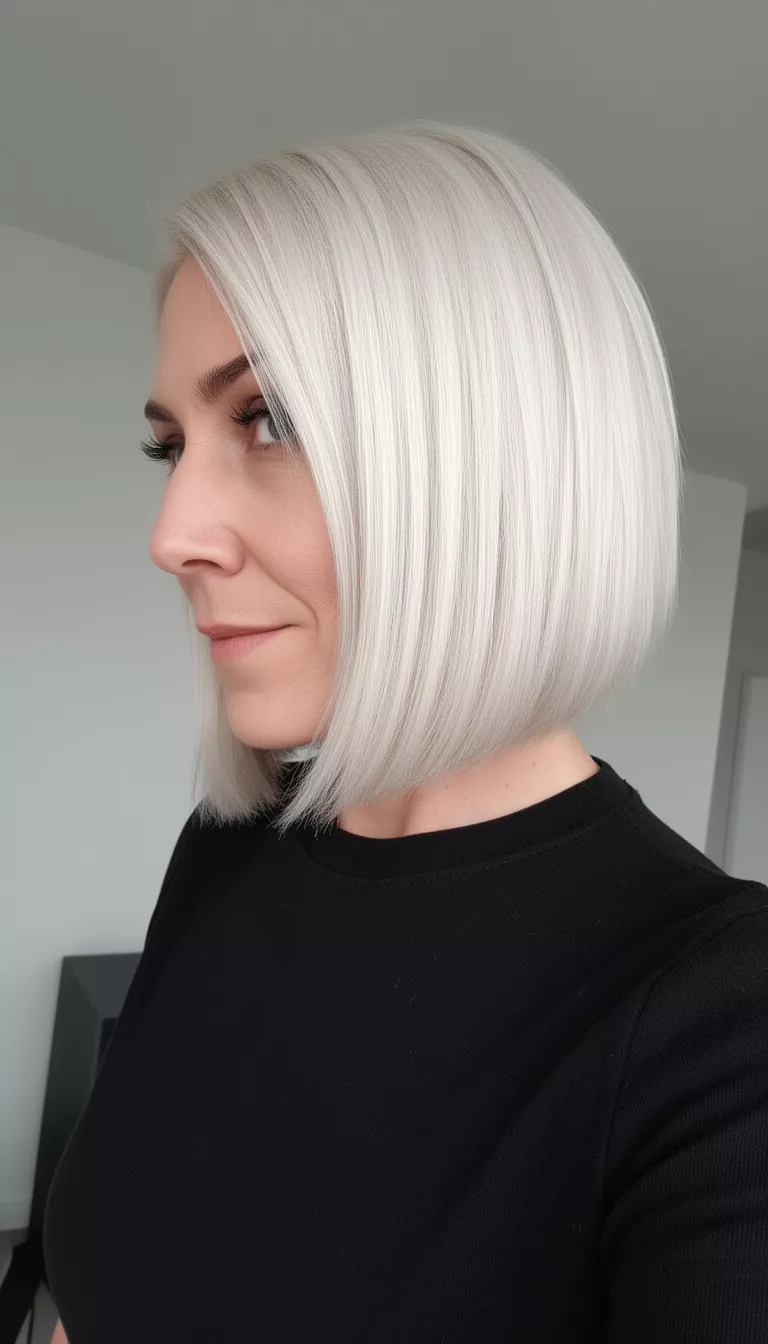 selfie of a 38-year-old woman wearing a black top with a platinum blonde, straight, jaw-length bob cut with face-framing layers, side view, minimal background