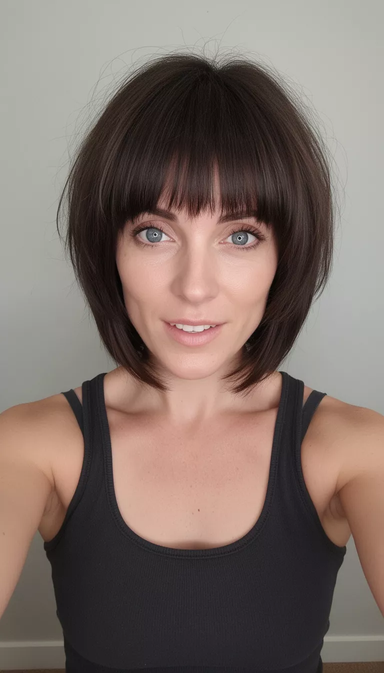 selfie of a 30-year-old woman wearing a dark tank top with dark brown hair styled in a layered shag with short, straight bangs, front view, minimal background