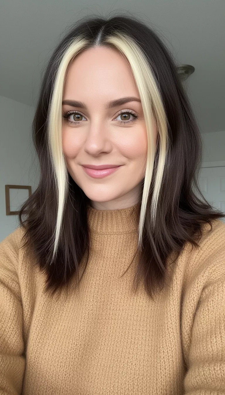 selfie of a 31-year-old woman wearing a tan sweater with dark brown hair featuring bright blonde face-framing highlights, front-side view, minimal background
