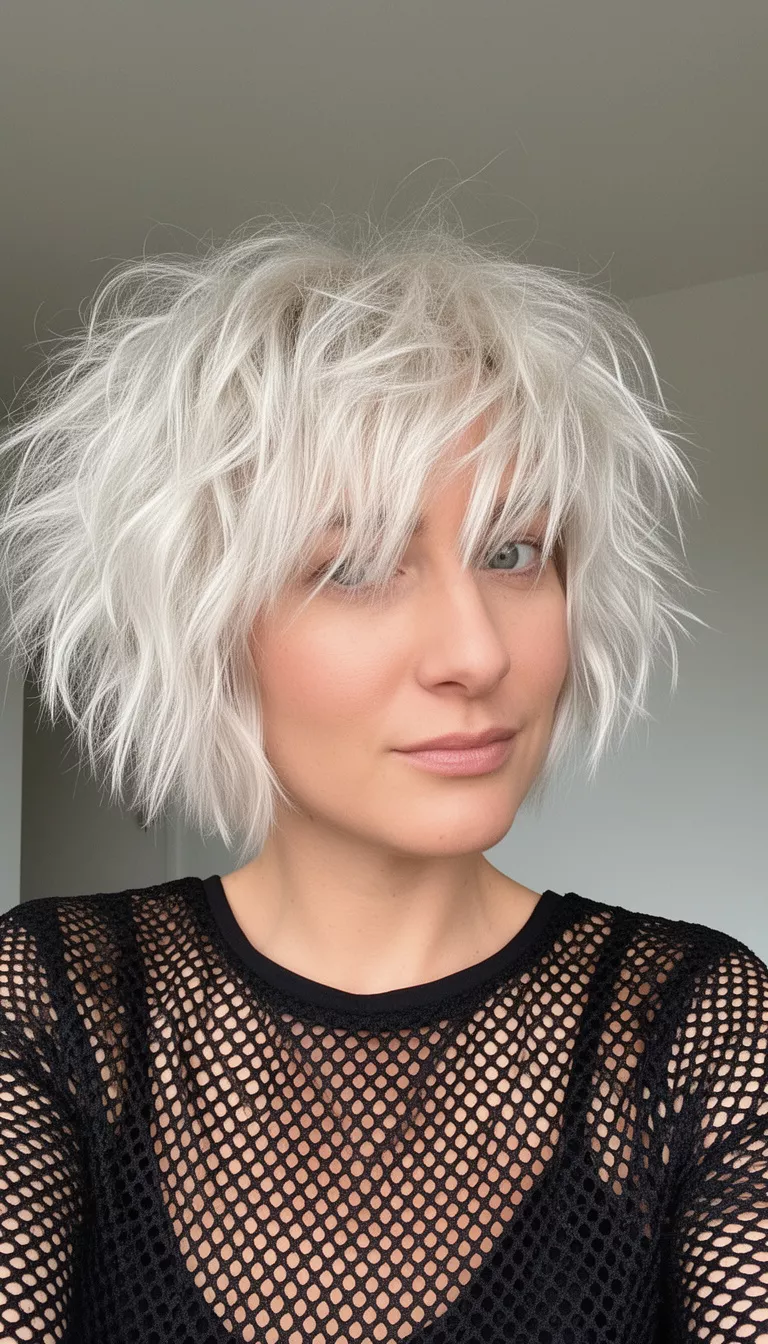 selfie of a 36-year-old woman wearing a black mesh top with a platinum blonde, choppy, voluminous, messy short bob, side view, minimal background