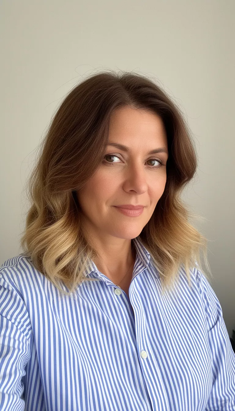 selfie of a 41-year-old woman wearing a blue and white striped button-down shirt with medium-length, wavy, brown hair with blonde ombré, side view, minimal background