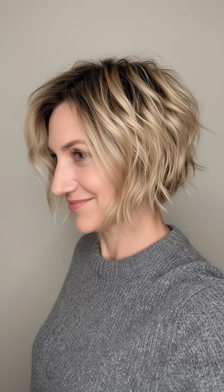selfie of a 35-year-old woman wearing a grey sweater with a choppy, textured blonde bob featuring darker roots, side view, minimal background