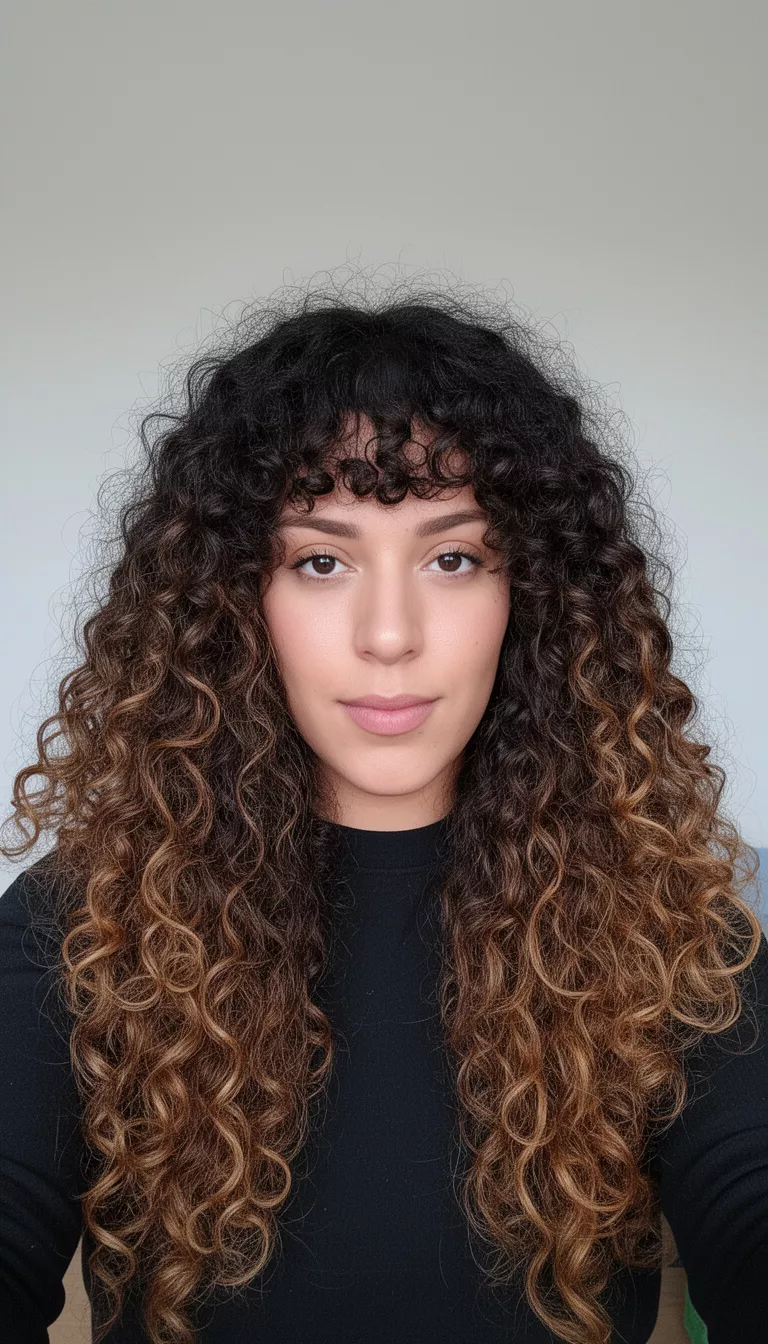 selfie of a 33-year-old woman wearing a black top with voluminous, long, dark brown curly hair with caramel highlights and a short, curly fringe, front view, minimal background