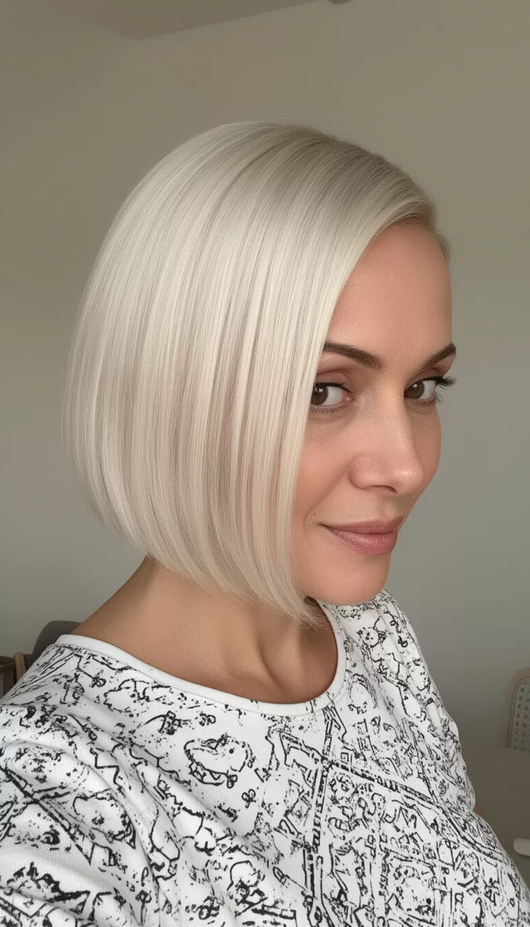 selfie of a 37-year-old woman wearing a white patterned top with platinum blonde, shoulder-length hair in a sleek bob with a deep side part, side view, minimal background