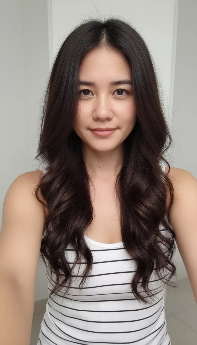 selfie of a 33-year-old woman wearing a white striped tank top with long, wavy dark brown hair parted centrally, front-side view, minimal background