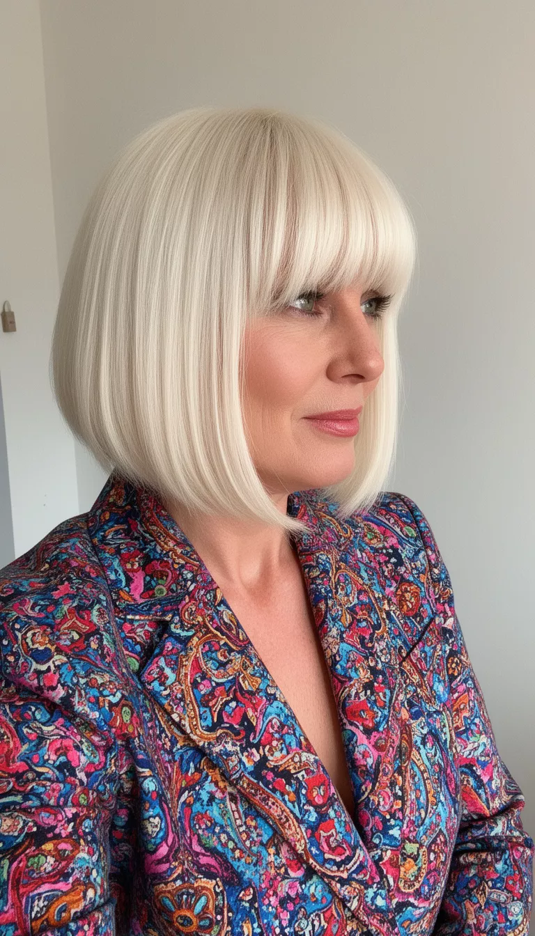 selfie of a 40-year-old woman wearing a colorful patterned blazer with bright platinum blonde, straight, chin-length bob with a heavy side-swept bang, side view, minimal background