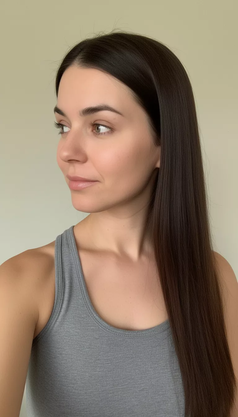 selfie of a 30-year-old woman wearing a grey tank top with long, straight dark brown hair parted to the side, side view, minimal background