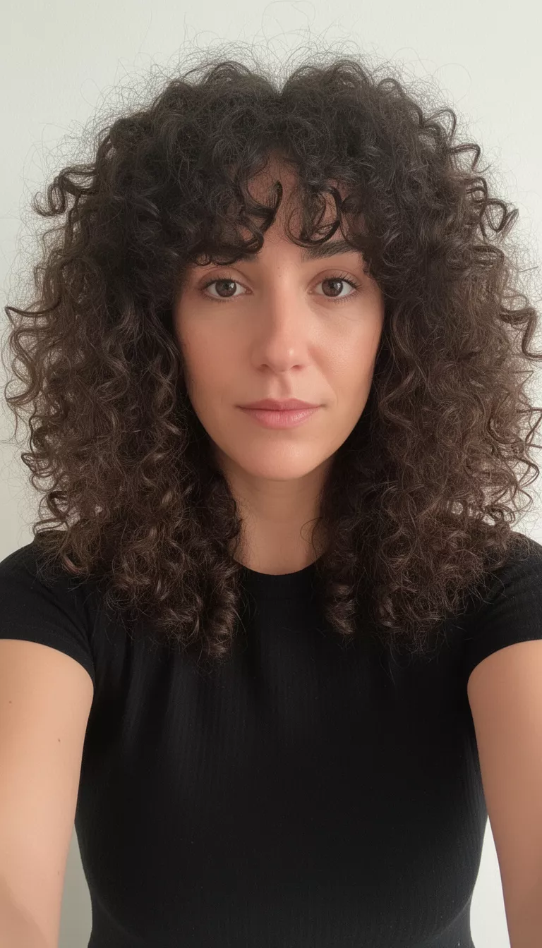 selfie of a 29-year-old woman wearing a black top with very voluminous, medium-length, dark brown curly hair with thick, curly bangs, front view, minimal background