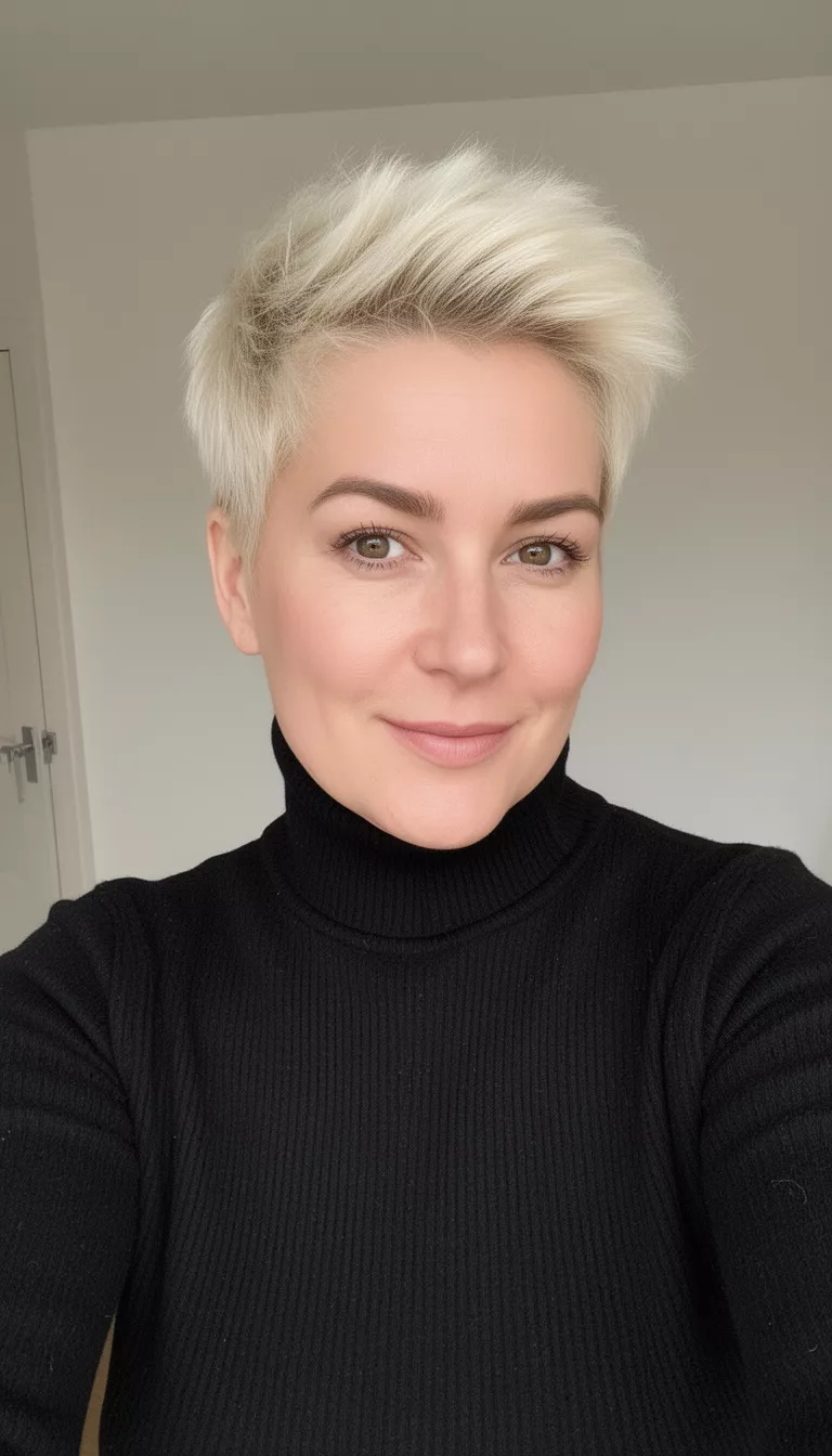 selfie of a 39-year-old woman wearing a black turtleneck with a very short, platinum blonde pixie cut with volume on top, front-side view, minimal background