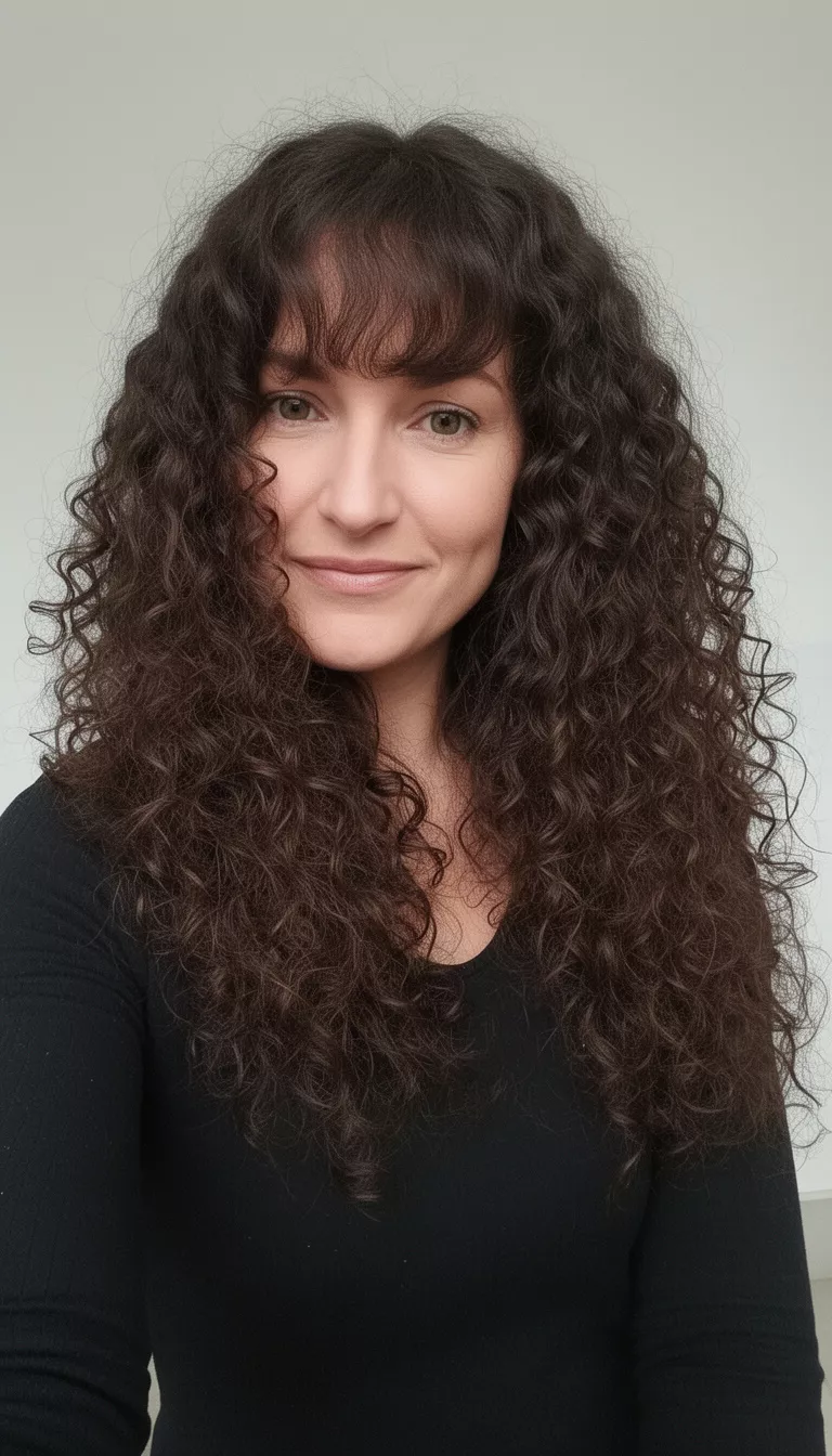 selfie of a 36-year-old woman wearing a black long-sleeved top with voluminous, long, dark brown curly hair and curly side bangs, front-side view, minimal background