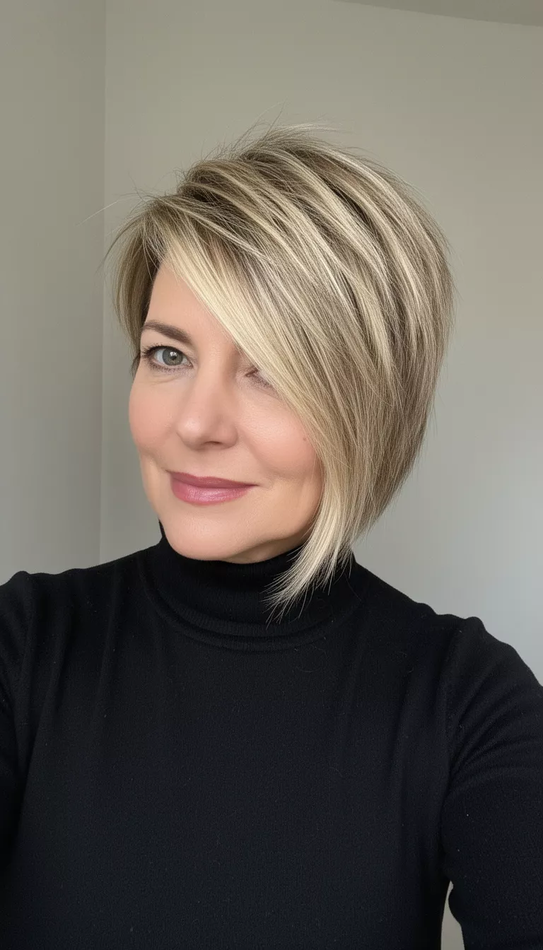 selfie of a 46-year-old woman wearing a black turtleneck with a short, layered, textured bob with blonde highlights and a long side-swept fringe, front-side view, minimal background