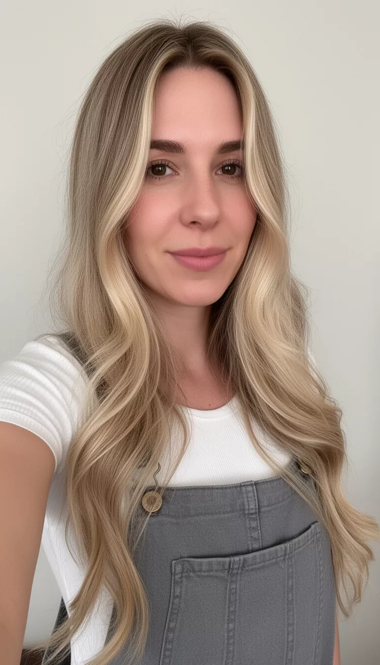 selfie of a 31-year-old woman wearing a white top and grey overalls with long, wavy blonde hair parted slightly off-center, front-side view, minimal background