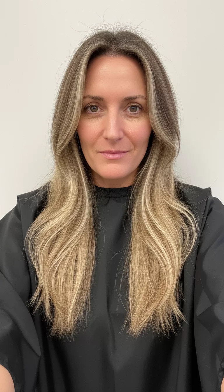 selfie of a 35-year-old woman wearing a black salon cape with long, layered, medium blonde hair with brighter highlights, front view, minimal background