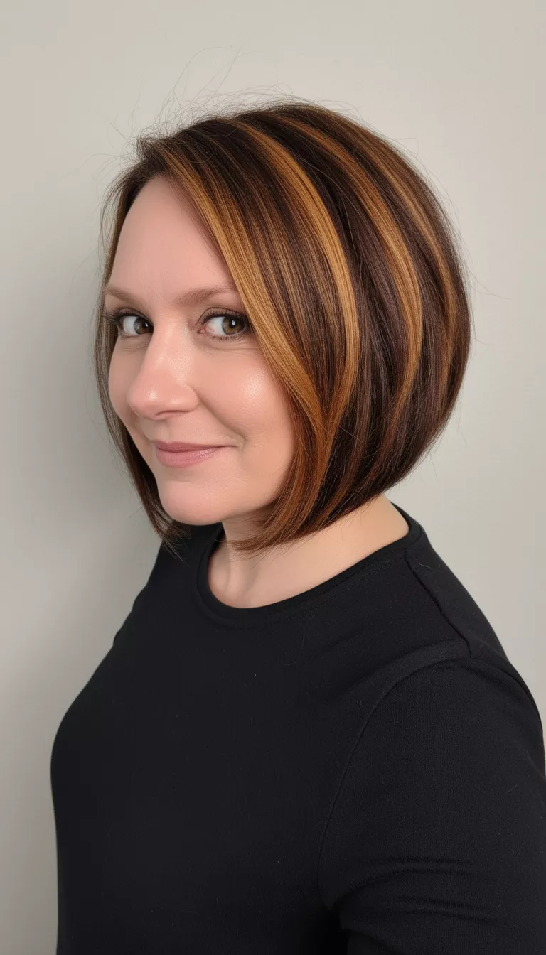 selfie of a 44-year-old woman wearing a black top with a layered, inverted bob featuring dark brown base and warm caramel highlights, side view, minimal background
