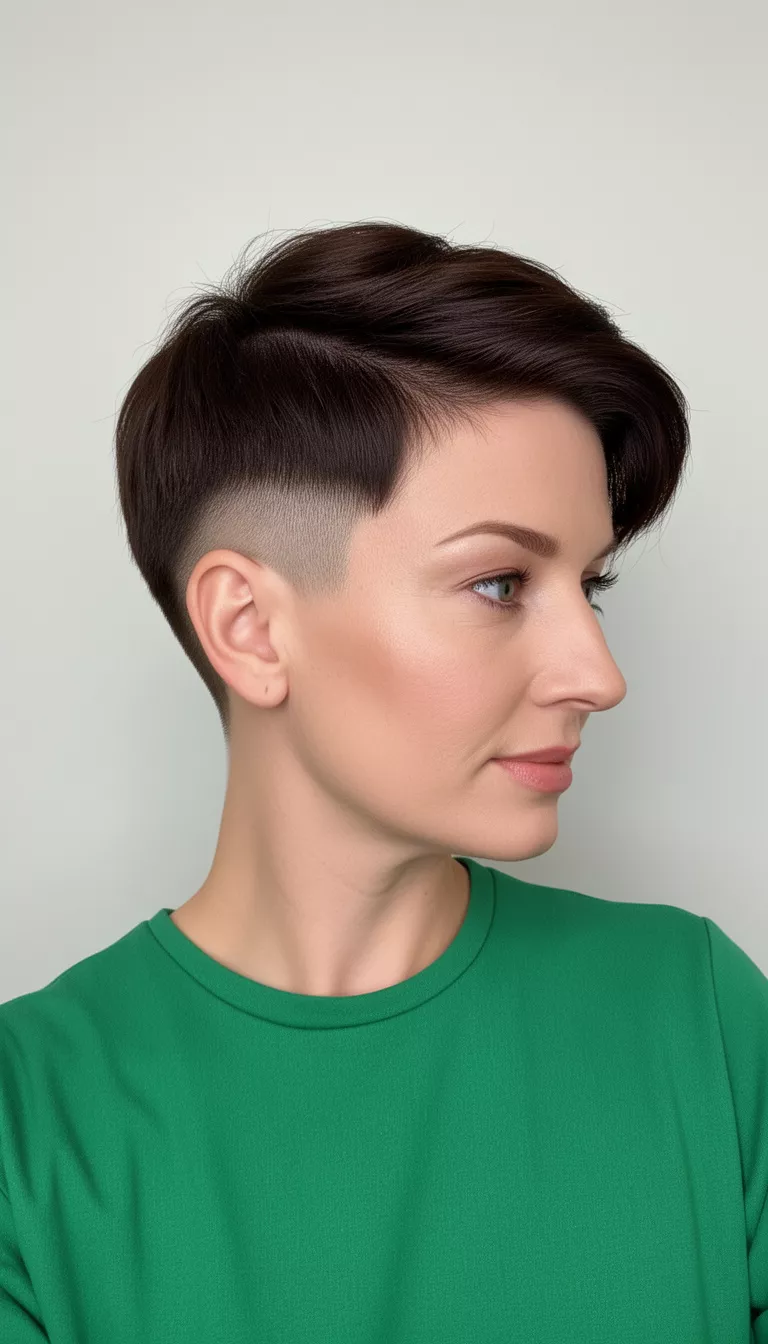 selfie of a 39-year-old woman wearing a green top with dark brown hair styled in a sleek, voluminous short pixie cut featuring shaved sides, side view, minimal background
