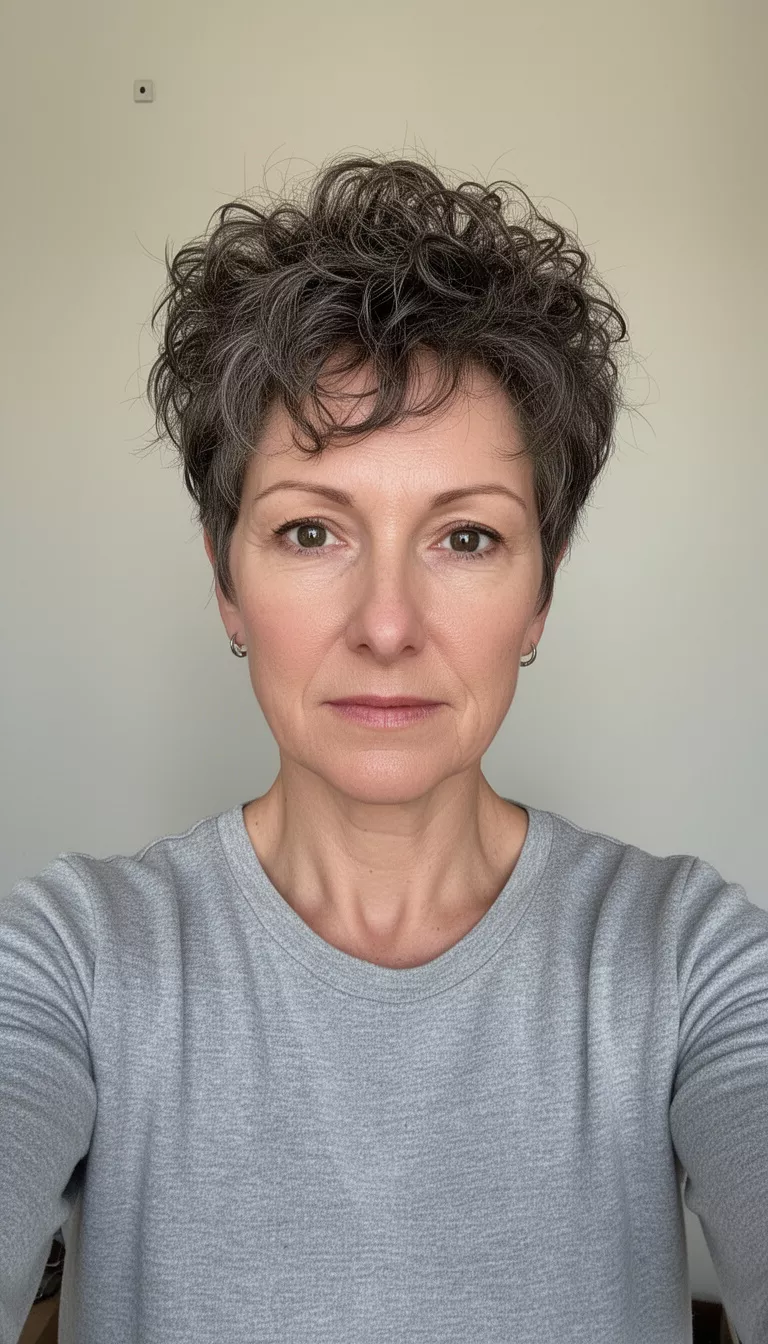 Messy Curly Pixie selfie of a 40-year-old woman wearing a grey top with a messy short dark grey/brown curly pixie hairstyle, front view, minimal background
