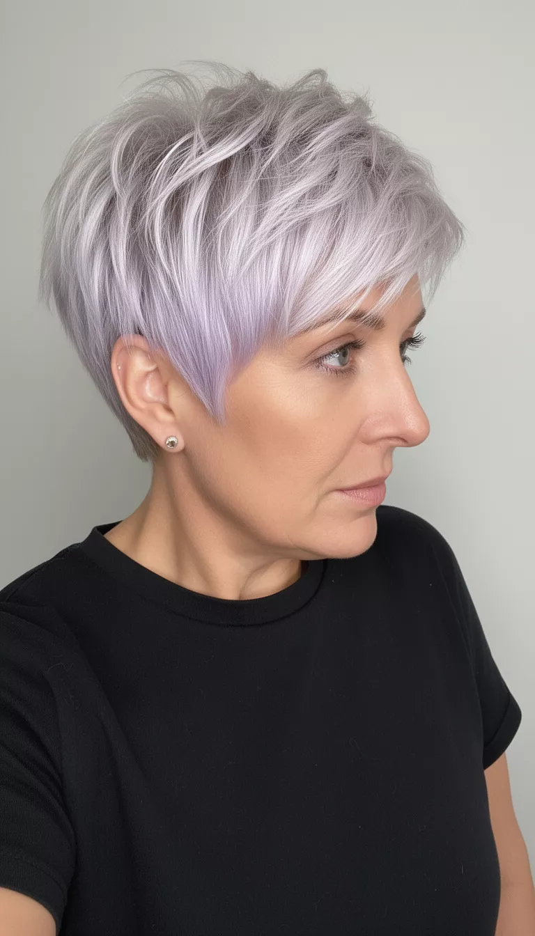 Pale Lavender Pixie selfie of a 40-year-old woman wearing a black t-shirt with a pale platinum blonde textured choppy pixie hairstyle with lavender tones, side view, minimal background