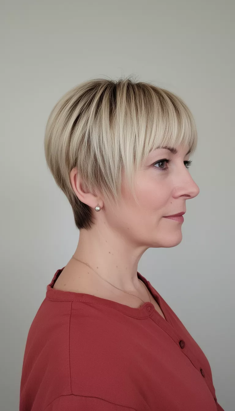 Textured Pixie With Long Fringe selfie of a 42-year-old woman wearing a reddish top with a short layered pixie cut featuring longer blonde bangs hairstyle, side profile, minimal background