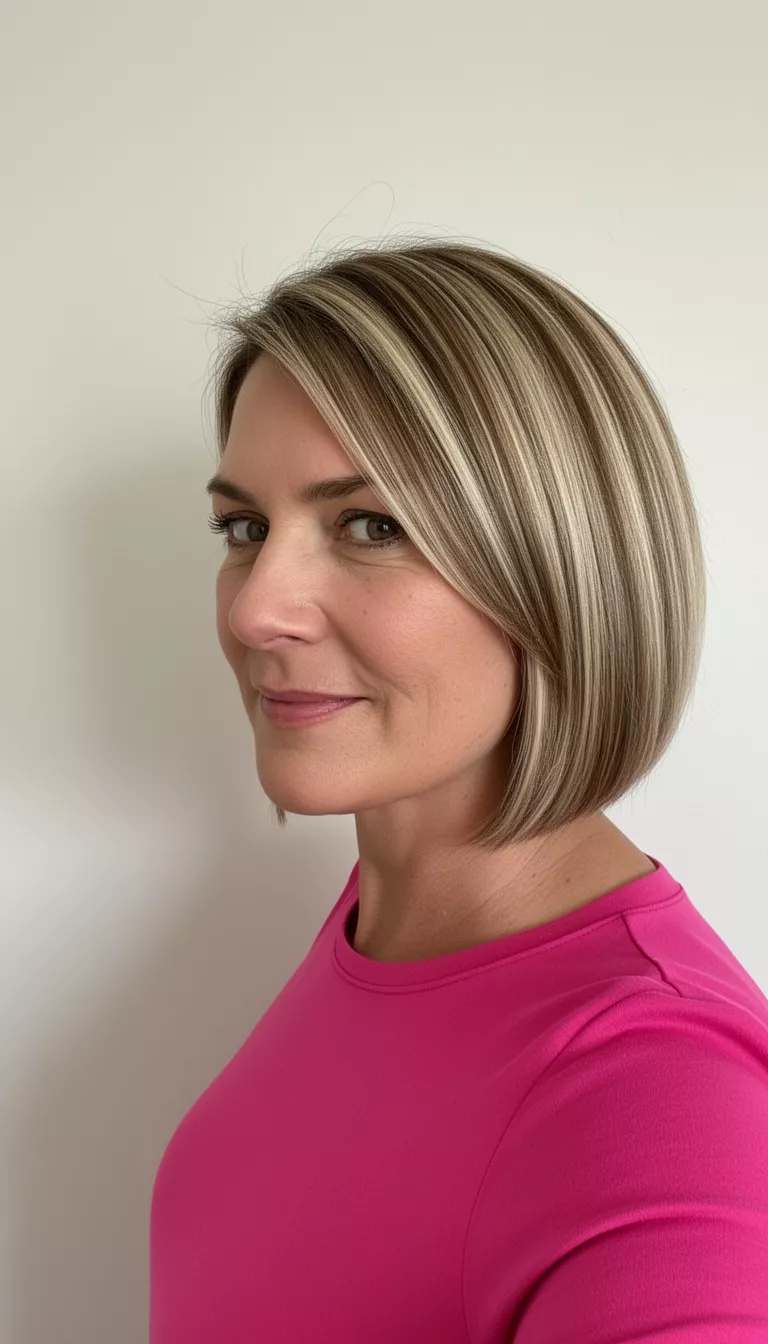 Angled Lob With Soft Curls selfie of a 44-year-old woman wearing a pink top with a medium-length angled bob with blonde highlights hairstyle, side view, minimal background
