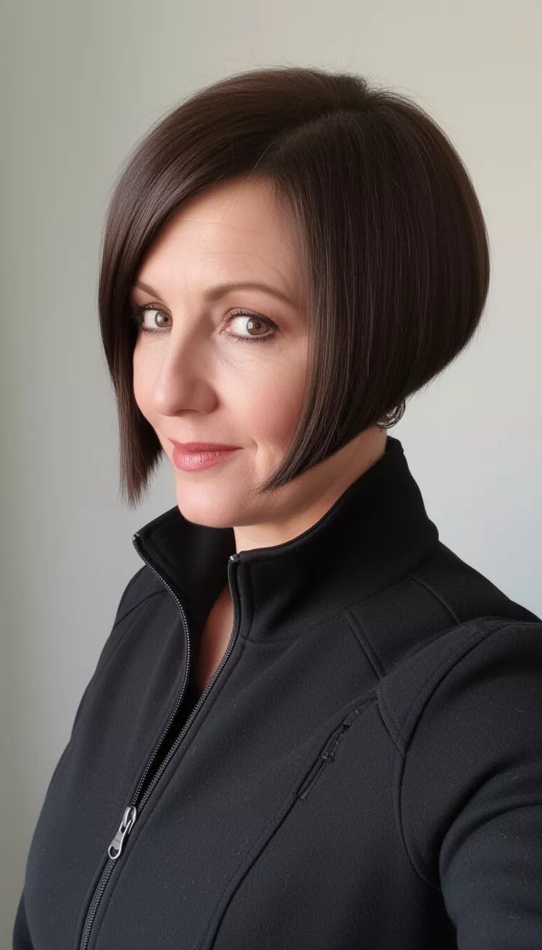 Sharp Inverted Brown Bob selfie of a 47-year-old woman wearing a black zip-up jacket with a dark brown sharply angled inverted bob hairstyle, side view, minimal background