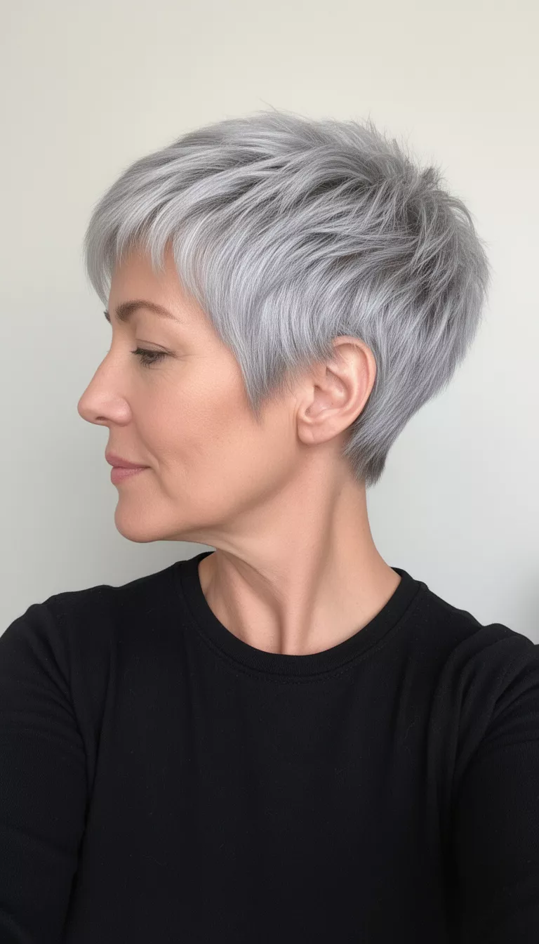 Grey Textured Pixie selfie of a 49-year-old woman wearing a black top with a very short layered textured silvery-grey pixie hairstyle, side profile, minimal background