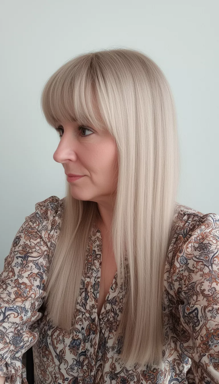 selfie of a 43-year-old woman wearing a patterned blouse with a long straight light blonde hairstyle with bangs, side view, minimal background
