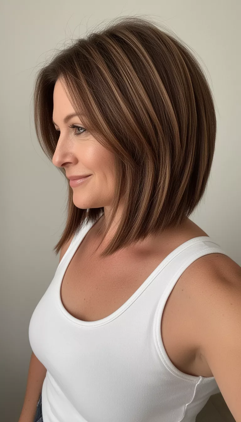 Angled Bob With Honey Tones selfie of a 41-year-old woman wearing a white tank top with a long layered angled bob highlighted brown hairstyle, side view, minimal background