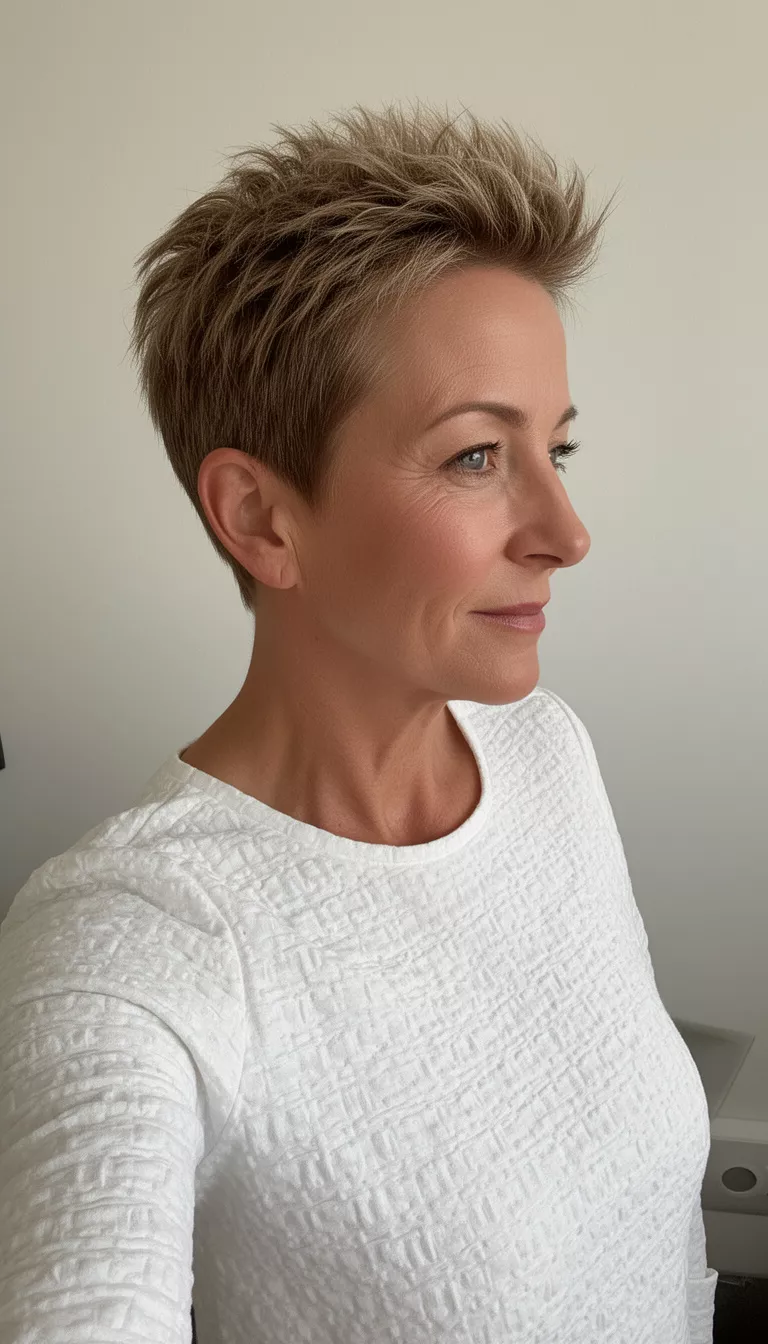 Frosted Spiky Crop selfie of a 48-year-old woman wearing a white textured top with a very short textured pixie hairstyle styled upward, side view, minimal background