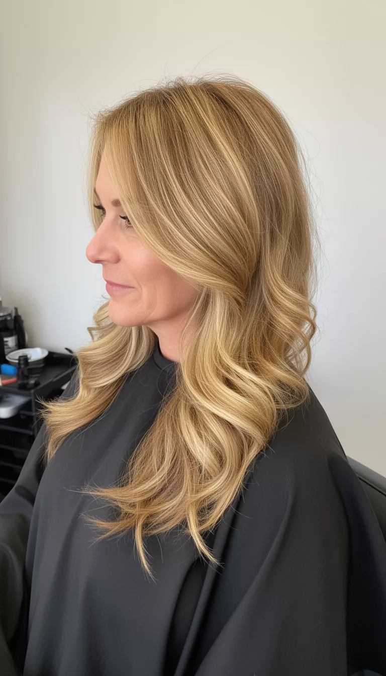 Golden Waves Of Length selfie of a 40-year-old woman wearing a black salon cape with a long layered golden blonde wavy hairstyle, side view, minimal background