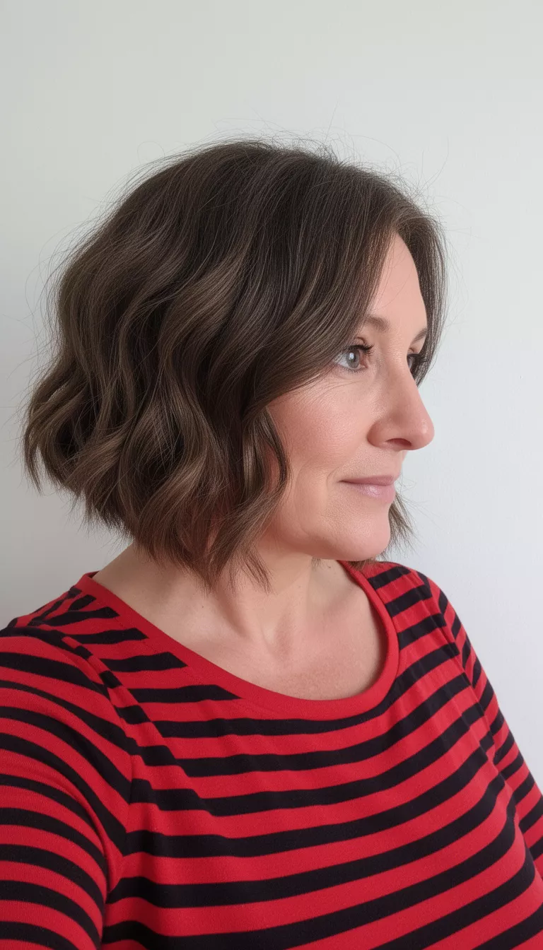 Wavy Lob With Warm Highlights selfie of a 45-year-old woman wearing a red and black striped top with a medium-length wavy lob hairstyle, side view, minimal background