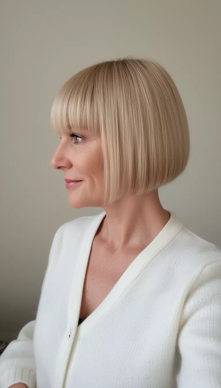 Blunt Inverted Blonde Cut selfie of a 43-year-old woman wearing a white cardigan with a straight blunt inverted blonde bob hairstyle, side view, minimal background