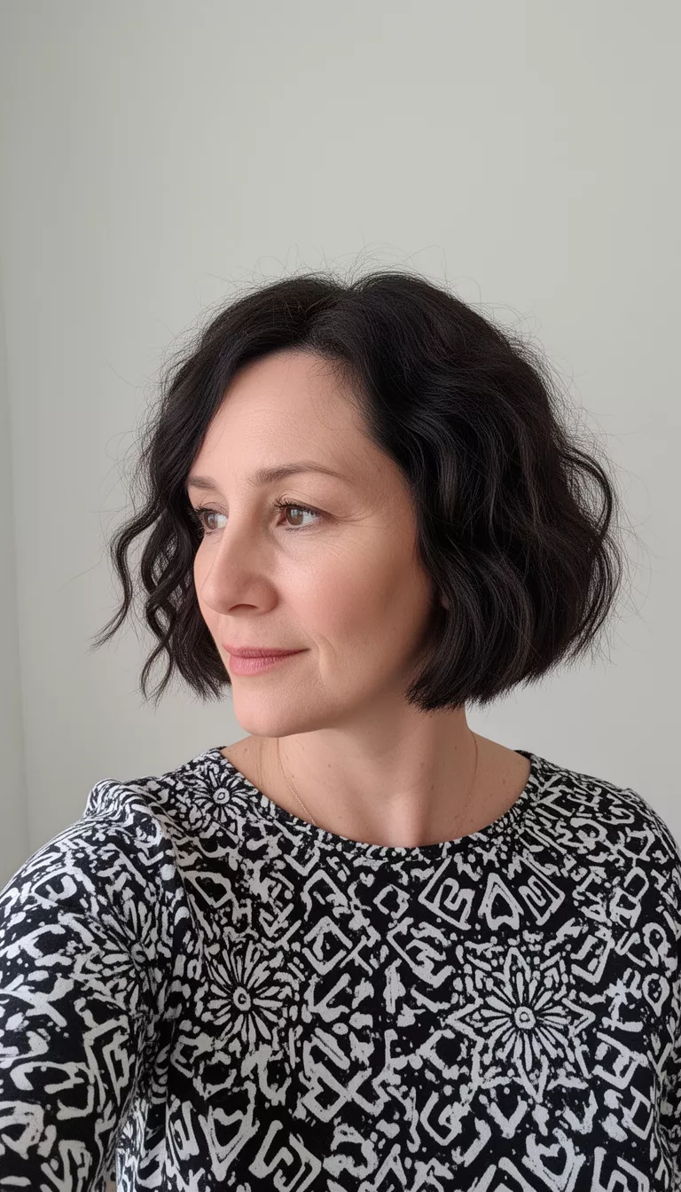 Honey Blonde Curled Bob selfie of a 47-year-old woman wearing a black and white patterned top with a short wavy chin-length bob hairstyle, side view, minimal background