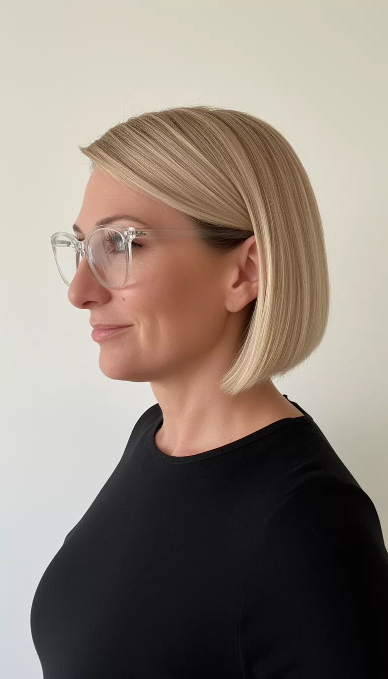 Sleek Angled Glasses Look selfie of a 42-year-old woman wearing glasses with clear frames and a black top with a sleek angled blonde bob hairstyle, side view, minimal background