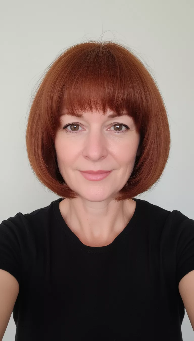 Auburn Volume With Deep Fringe selfie of a 47-year-old woman wearing a black top with a voluminous chin-length auburn bob hairstyle, front view, minimal background