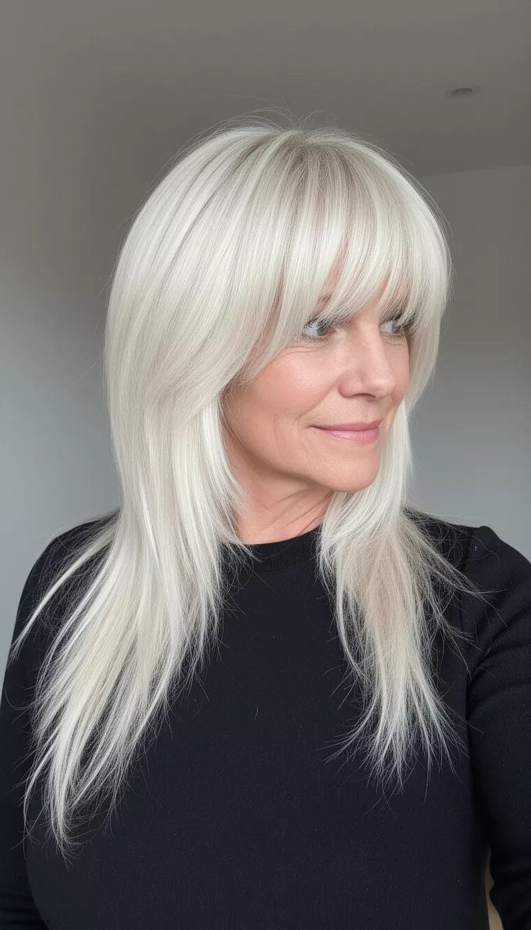 Platinum Layers With Side Fringe selfie of a 45-year-old woman wearing a black top with a long platinum blonde layered hairstyle with heavy side bangs, side view, minimal background