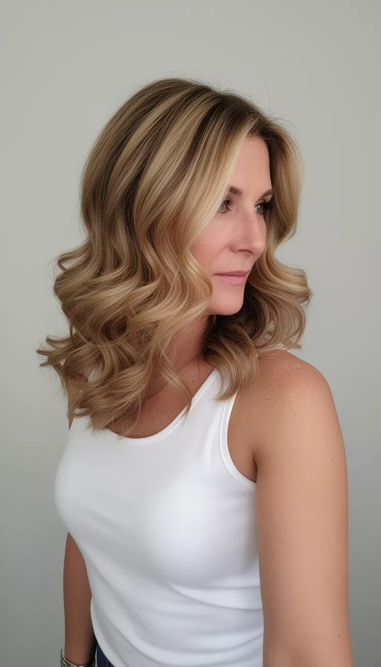 Voluminous Bouncy Curls selfie of a 44-year-old woman wearing a white tank top with a mid-length voluminous cut featuring warm blonde highlights and loose curls hairstyle, side profile, minimal background