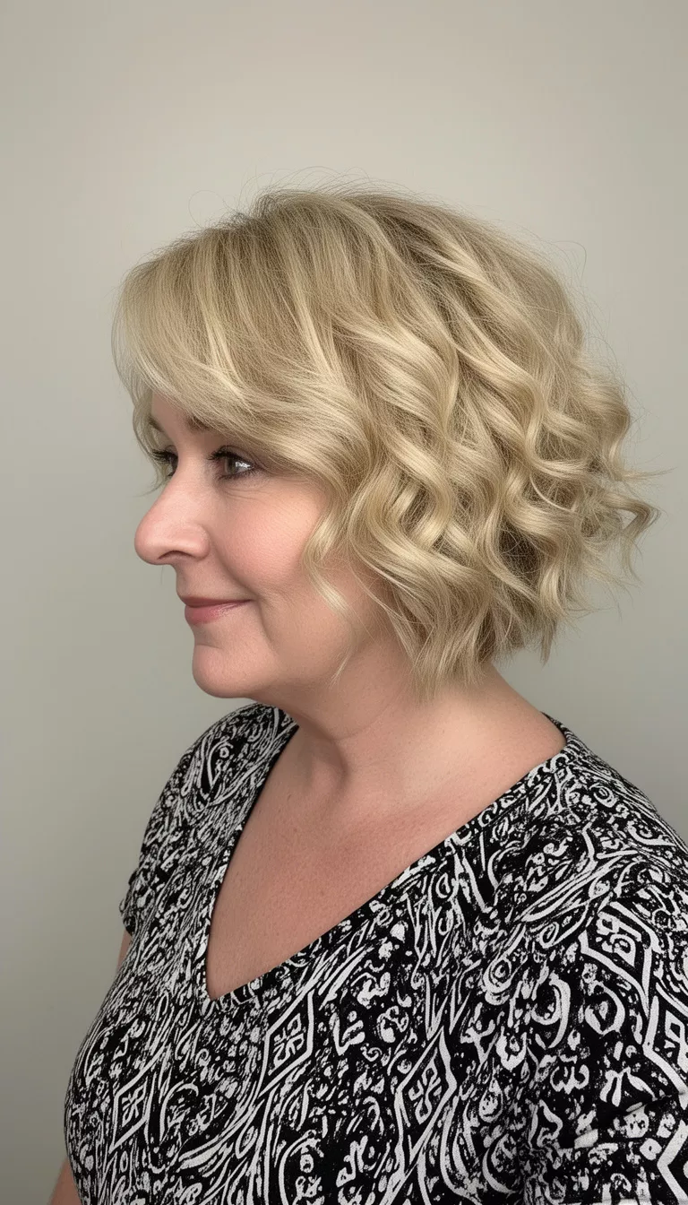 Short Defined Curls selfie of a 48-year-old woman wearing a black and white pattern top with a short wavy voluminous blonde bob with defined curls hairstyle, side view, minimal background