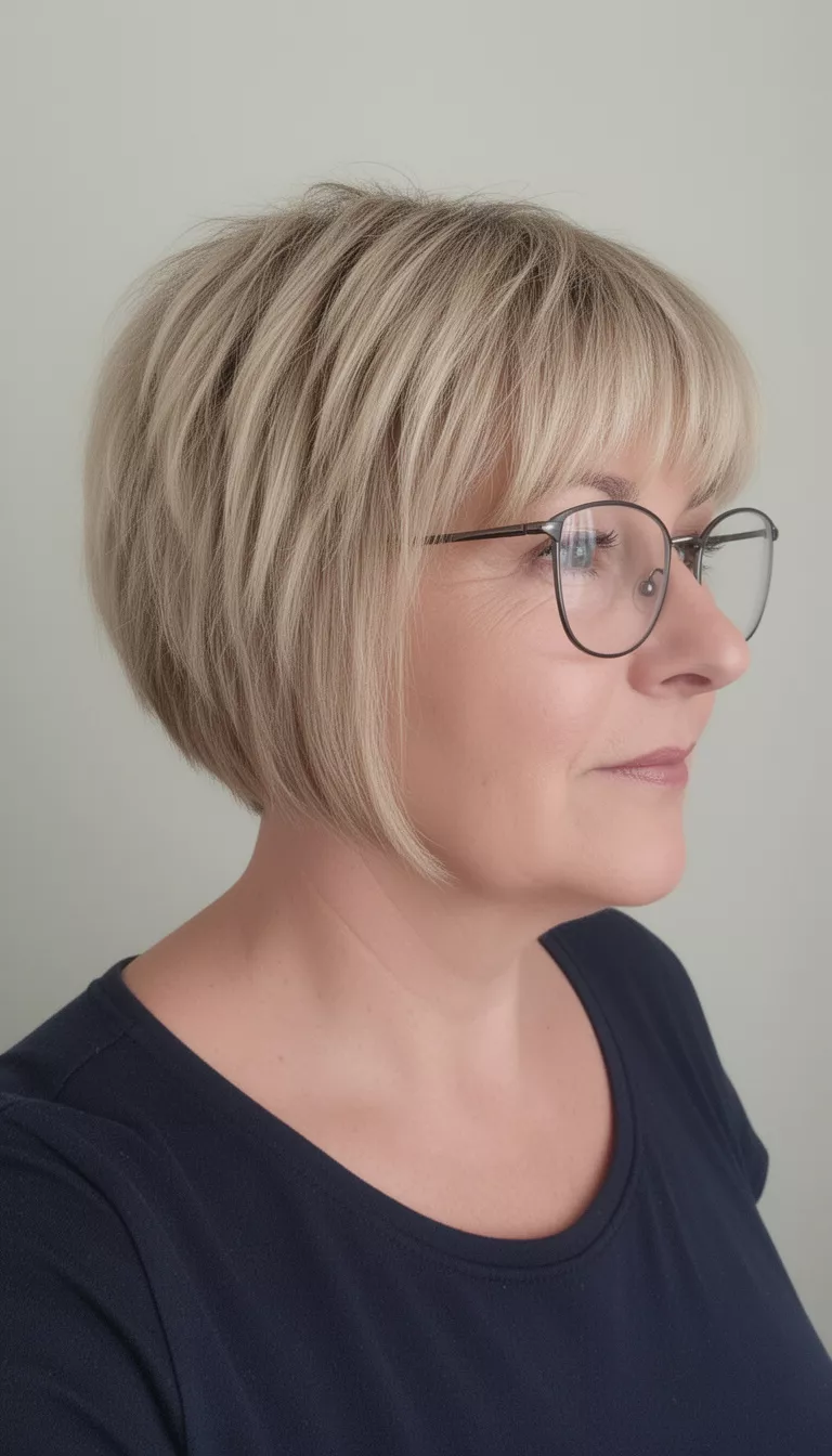 Choppy Bob With Micro Bangs selfie of a 45-year-old woman wearing glasses and a dark top with a short choppy layered blonde bob with short bangs hairstyle, side view, minimal background