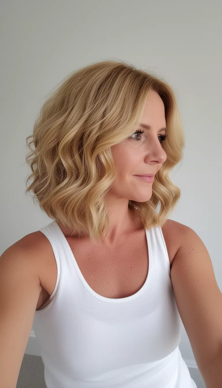 Golden Lob With Deep Bangs selfie of a 44-year-old woman wearing a white tank top with a voluminous wavy golden blonde lob hairstyle, side profile, minimal background