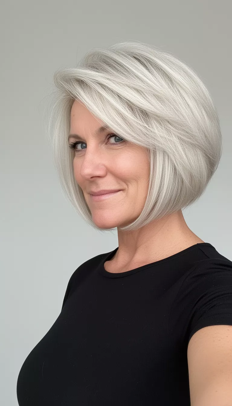 Platinum Volume Bob selfie of a 48-year-old woman wearing a black top with a platinum blonde layered voluminous bob hairstyle, side view, minimal background