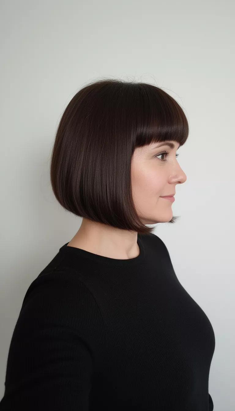 Rich Brown Blunt Bob selfie of a 42-year-old woman wearing a black top with a dark brown blunt chin-length bob hairstyle, side view, minimal background
