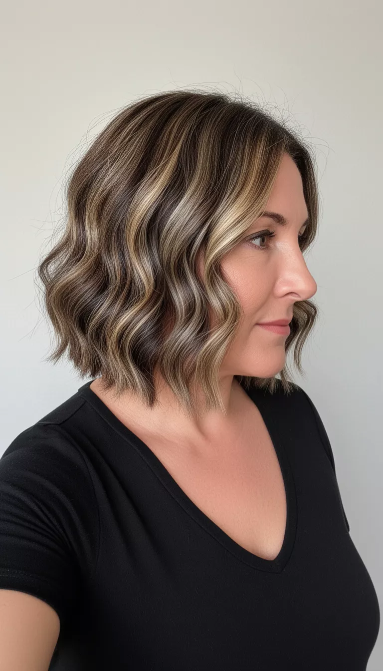 Wavy Highlighted Texture selfie of a 46-year-old woman wearing a black top with a wavy highlighted brown and dark blonde medium-length bob hairstyle, side view, minimal background